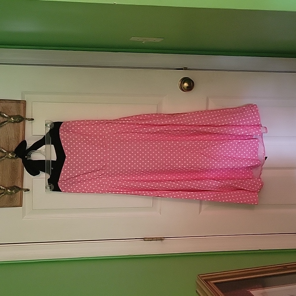 Medium 50s Halter Swing Pink Polka Dot Dress with Corset Back and Side Zipper